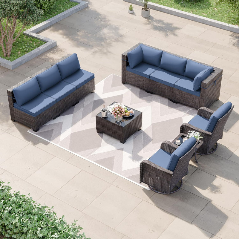 Kullavik 10 Pieces All-Weather Wicker Patio Furniture Set With Swivel Chair,Cushions And Coffee Table, Navy