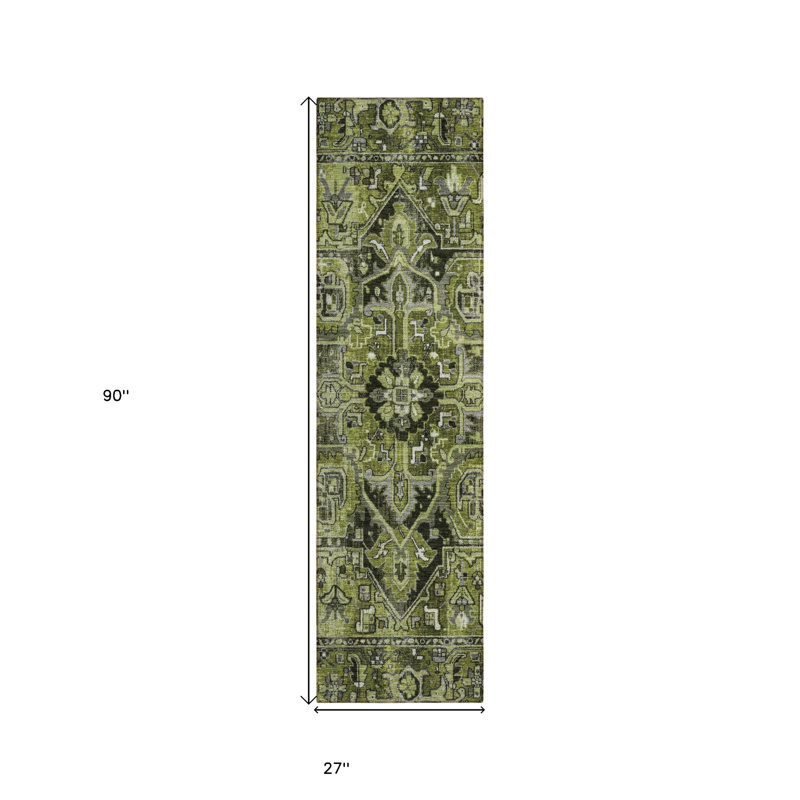 8' Runner Olive Green and Dark Green Oriental Washable Non Skid Indoor Outdoor Runner Rug