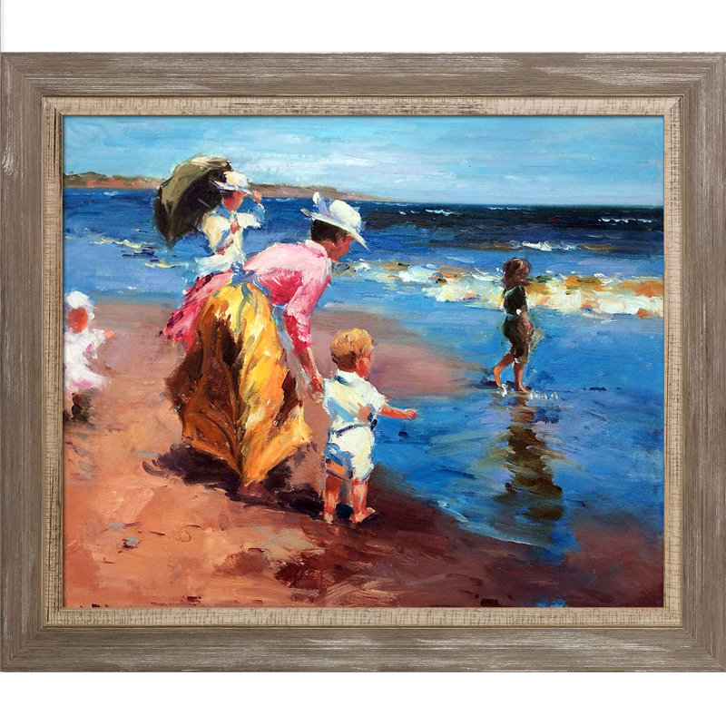 À la plage par Edward Henry Potthast avec cadre doré Milan, 24 po x 28 po, H 25 po x l 29 po x P 2 po, Miramar vieilli