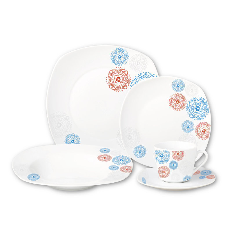 Service de table en porcelaine 20 pièces, service pour 4 20 pièces, Bleu / Rouge
