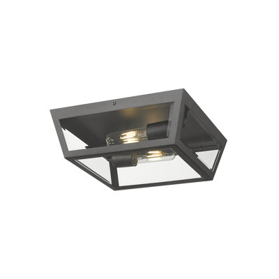 Madison 12" 2-Light  Matte Black Outdoor Flush Mount Ceiling Light With Clear Beveled Glass Shade