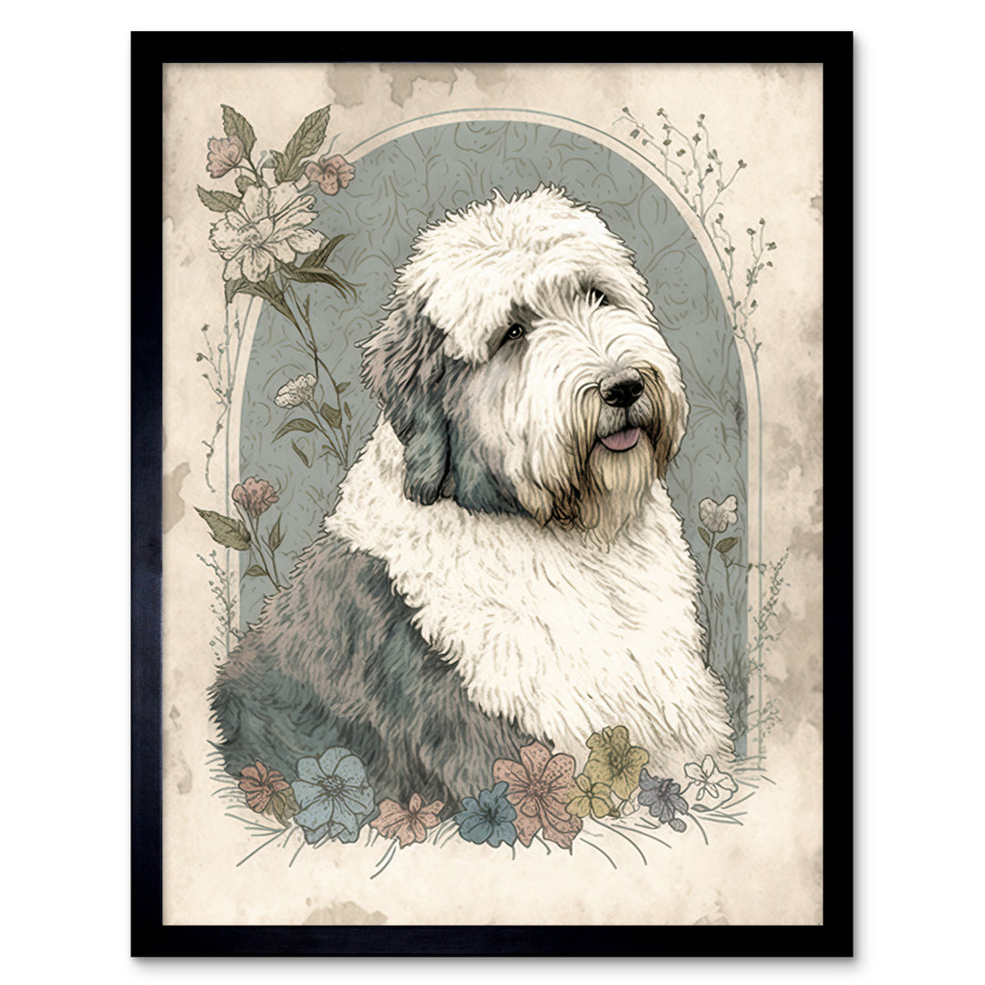 English Sheepdog With Flower Blooms Boho Portrait Watercolour - Single Picture Frame Print