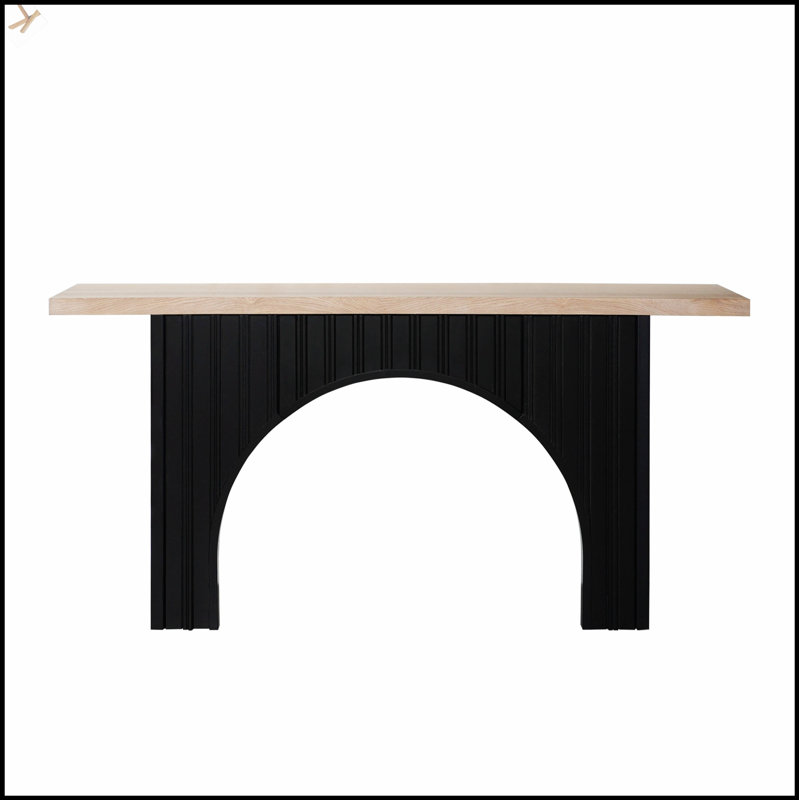 Console moderne minimaliste avec base en arche noire et plateau en bois naturel, parfaite pour une décoration intérieure polyvalente et une élégance fonctionnelle, longueur 66 po