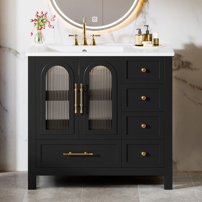 Meuble-lavabo noir de 91 cm (36 po) avec lavabo en céramique intégré – Armoire à portes vitrées cannelées verticales