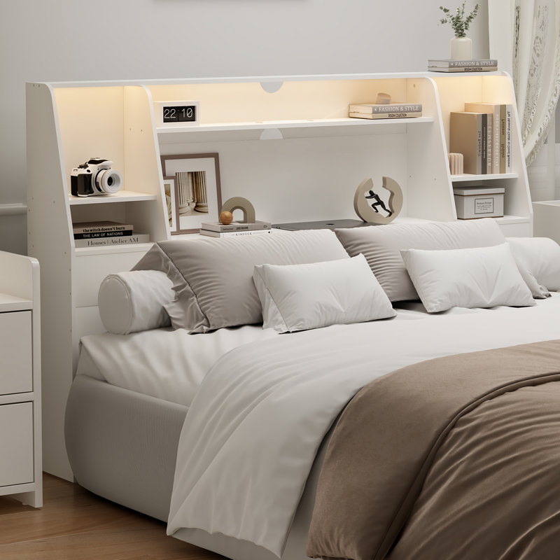Modern Storage Headboard with LED Lights & Built-in Charging Station,  Bookcase Headboard with Open Shelves for Bedroom