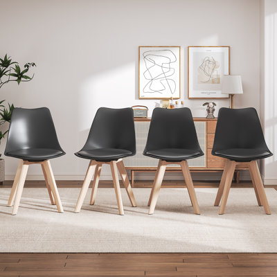 Dining Chairs Set Of 4, Mid-Century Modern Dining Chairs With PU Leather Seat Cushion, Ergonomic Molded Plastic Shell Chair With Solid Beech Wood Legs, Armless Kitchen Side Chairs For Dining Room, Living Room, Office
