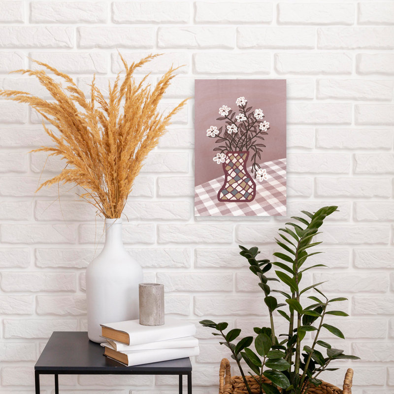 «Chequered Charm», art floral de paysage lunatique rétro rose rustique, H 18 po x l 12 po