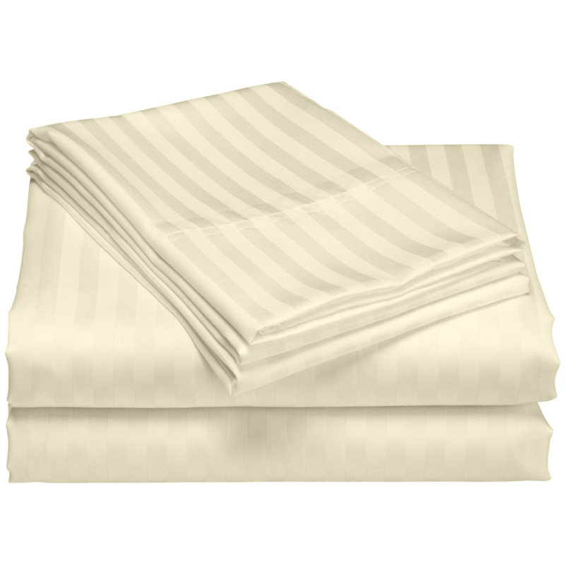 Egyptian Cotton Sateen Striped Sheet Set, Ivory, Twin Sheet Set with 1 Pillowcase