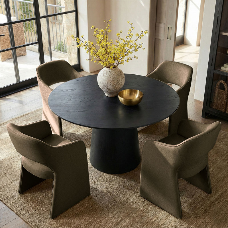 4 - Person Dining Table Sets With Round Table & 4 Upholstered Waterproof Chairs, Brown