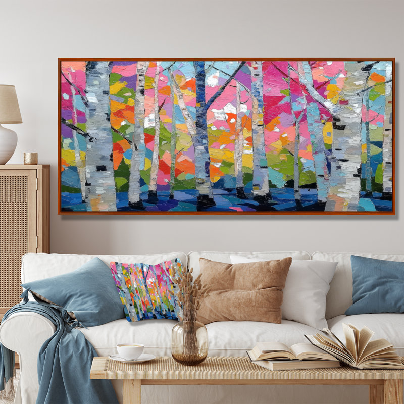 «Pink Orange Vibrant Birch Forest», impression d'art sur toile rose nature, H 28 po x l 60 po, Cadre flottant, Brun