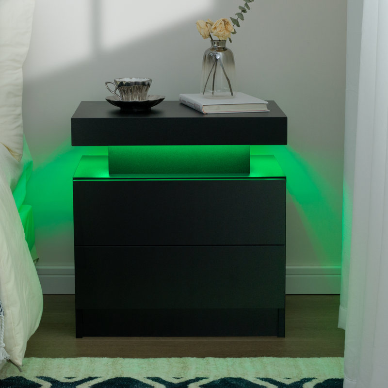 LED Nightstand with Drawers, Black