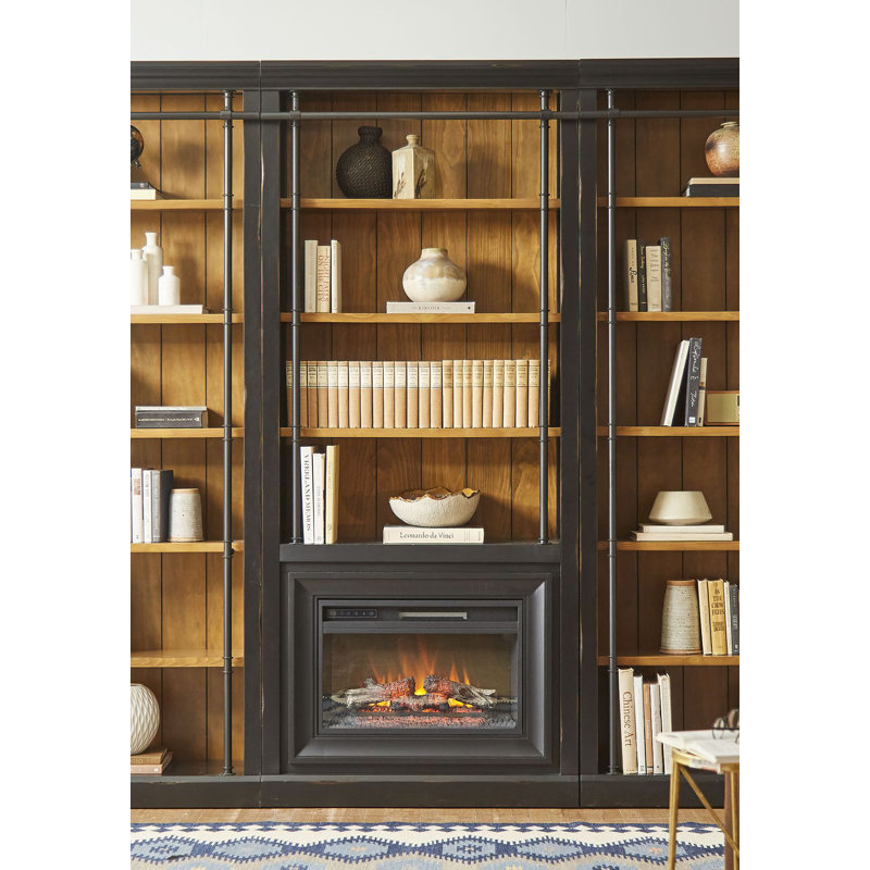 8' Black Wood Bookcase Wall with Fireplace and Ladder