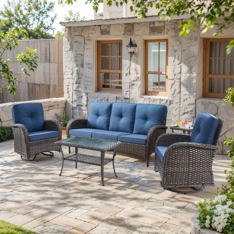 Aristil 5-Person PE Wicker Outdoor Patio Conversation Set With Cushions And Coffee Table, Blue