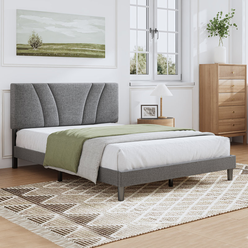 Lit plateforme tapissier Nihal avec tête de lit réglable, Grand, Gris