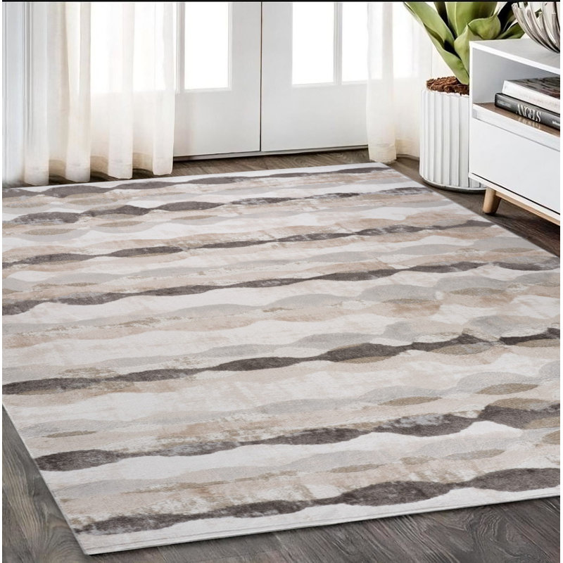 5' Beige and Brown Abstract Distressed Area Rug