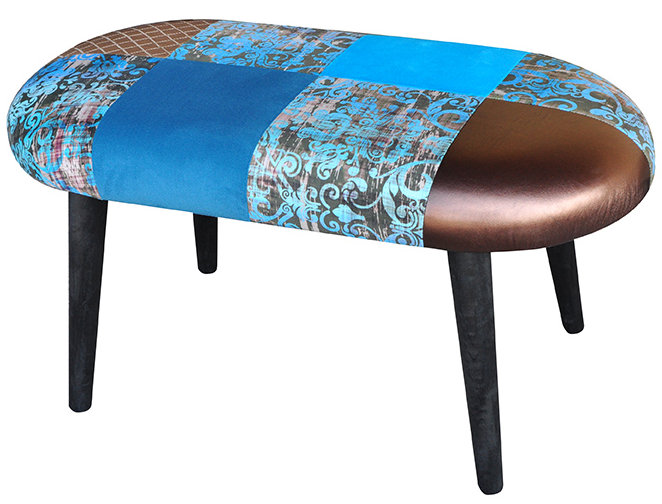 Patchwork Polyester Blend Upholstered Bench, Turquoise Mix
