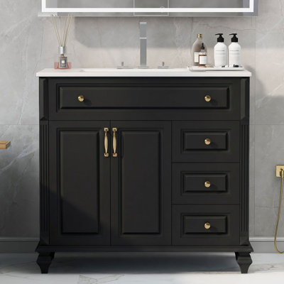 Meuble-lavabo de 91 cm (36 po) avec lavabo en céramique, armoire de salle de bain autoportante avec tiroir rabattable, 3 tiroirs et 2 portes