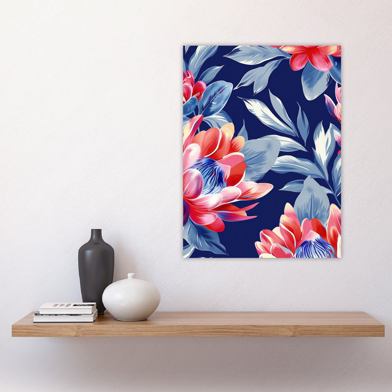 Wall Art Print Flower Blooms and Fronds Blue Floral Pattern Poster