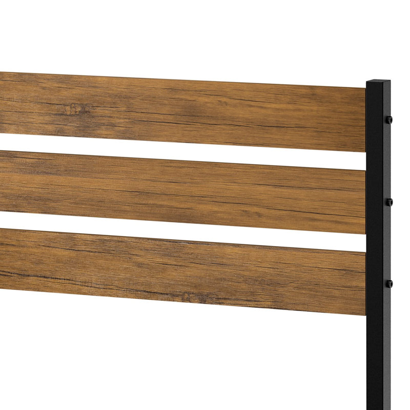 Structure de lit avec tête de lit en bois et plateforme de support à lattes en métal avec rangement, Lit simple