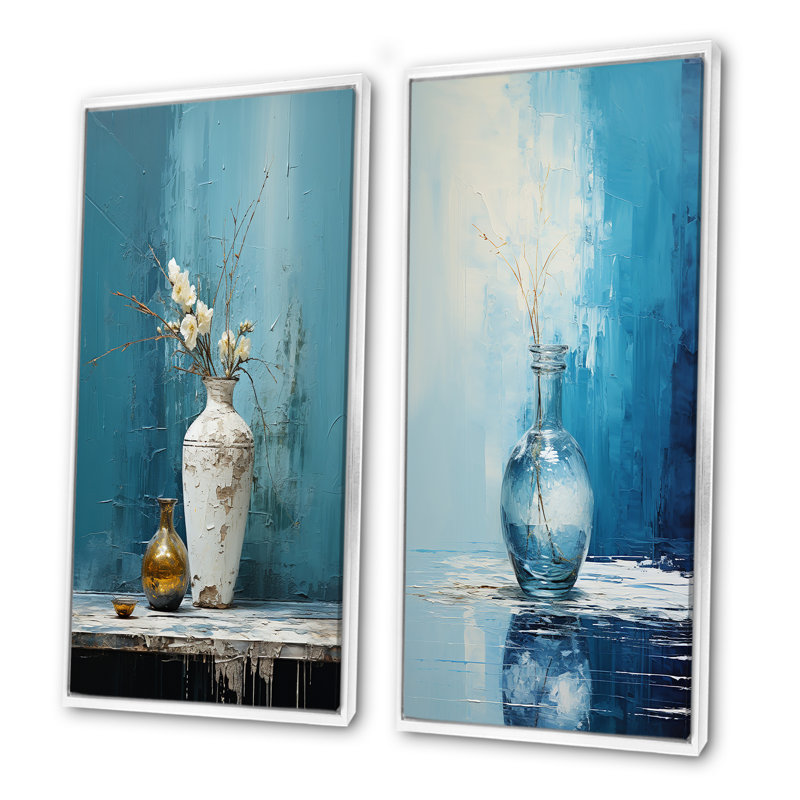 Ensemble de 2 décorations murales bleues et blanches Boho Pottery I, H 28 po x l 25 po, Cadre flottant blanc