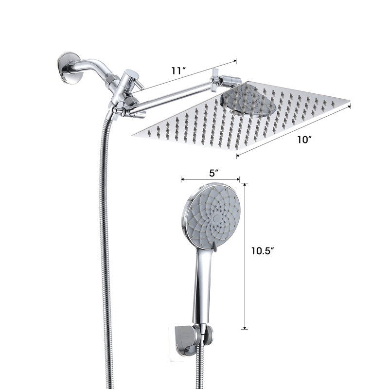 Pomme de douche 10 po: à forte pluie et à main, bras de 11 po, 6 réglages, autonettoyante, acier inoxydable, fuite, fixation murale, paquet carré: 10 pouces à main avec 11 modes d'extension, colmatage, fixation