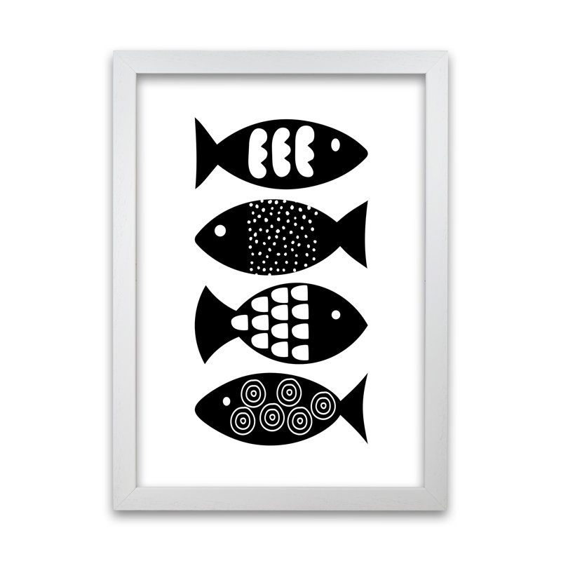 Black And White Scandi Fish - Print, 84cm H x 59cm W x 3cm D, White Frame