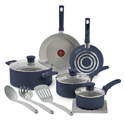 T-fal Essentials Non-stick, 12 Piece Pots And Pans Cookware Set, Midnight Blue