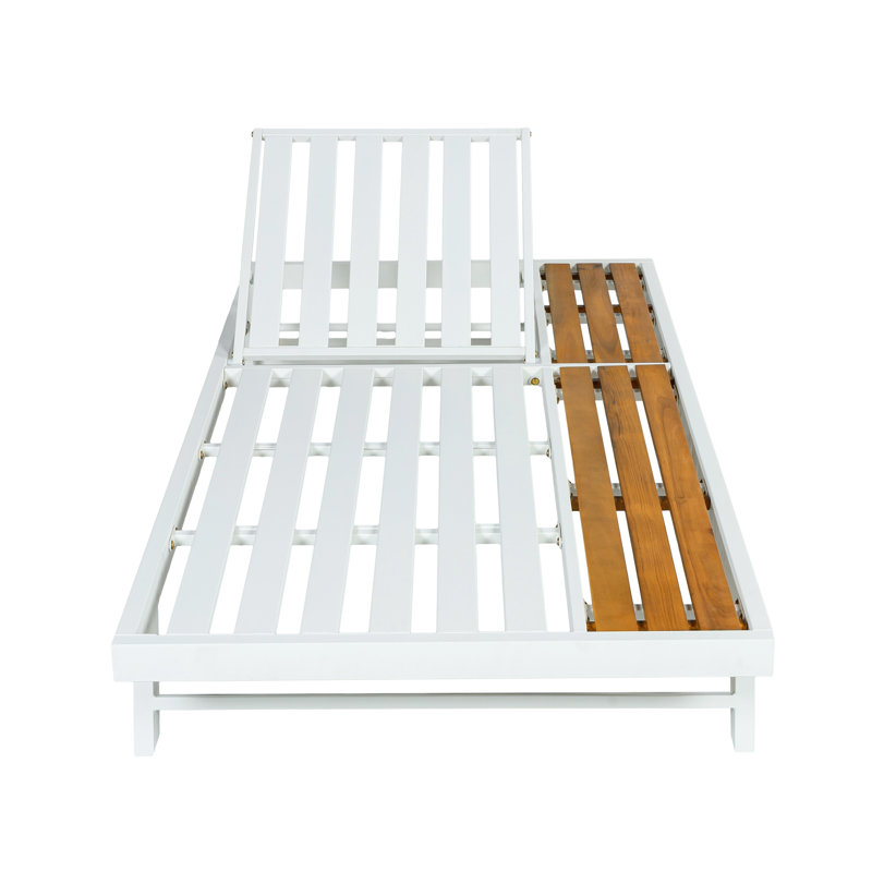 Structure de chaise longue en fer blanc + finition teck, fauteuil inclinable d'extérieur en fer + bois d'acacia avec surface de rangement plate, capacité de 400 lb, dossier réglable pour la terrasse de la piscine