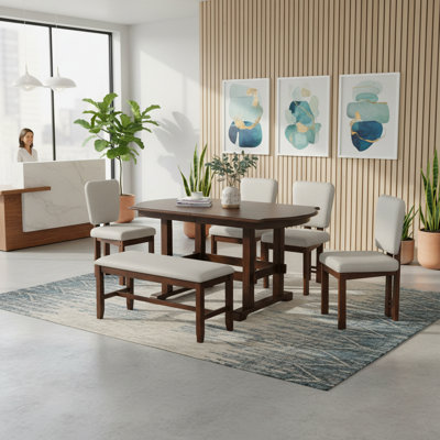 Ensemble de table de salle à manger extensible avec chaises rembourrées et banc en bois massif, 6 pièces