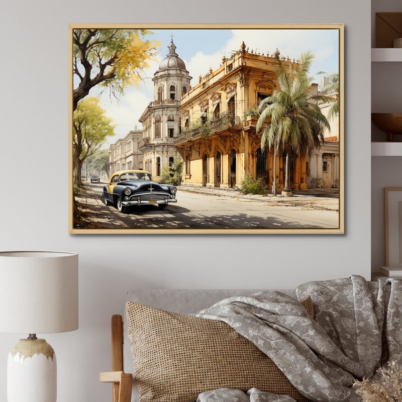 " Cuban Architecture Yellow ", 34" H x 44" W x 1.5" D, Natural Floater Framed
