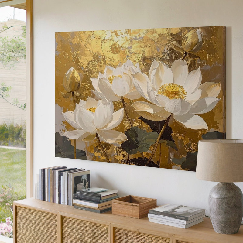 Toile Golden Lotus Elegance, H 20 po x l 30 po