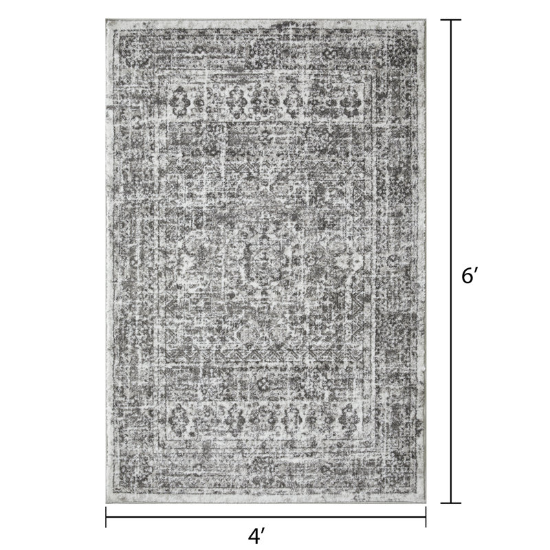 Tapis oriental gris en polypropylène tissé à la main Ragheb, Rectangle 4 pi x 6 pi