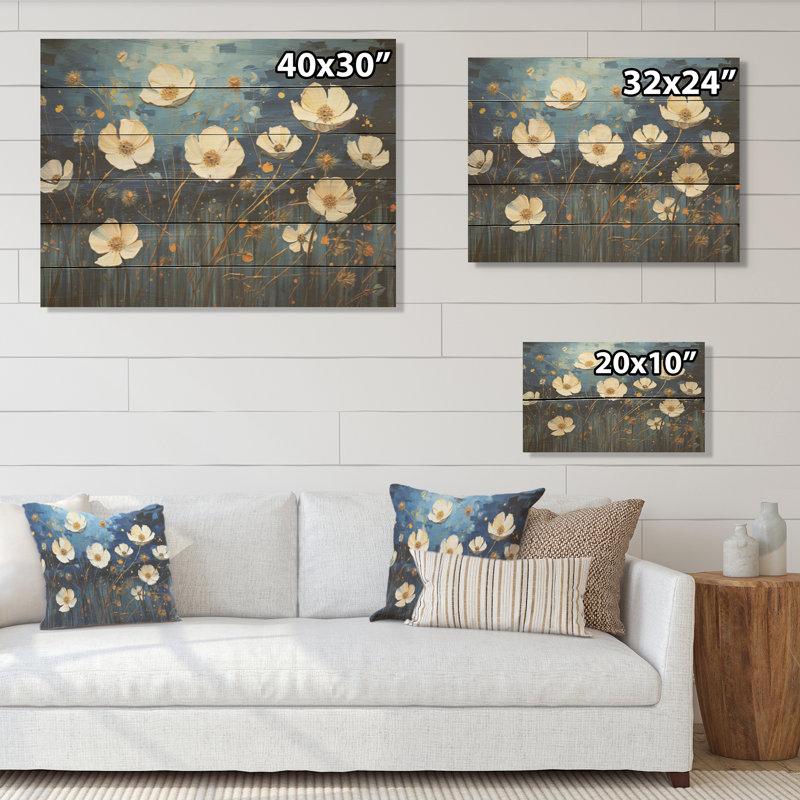 «Midnight Indigo Buttercups - Buttercups», art mural sur bois de pin naturel, H 30 po x l 40 po