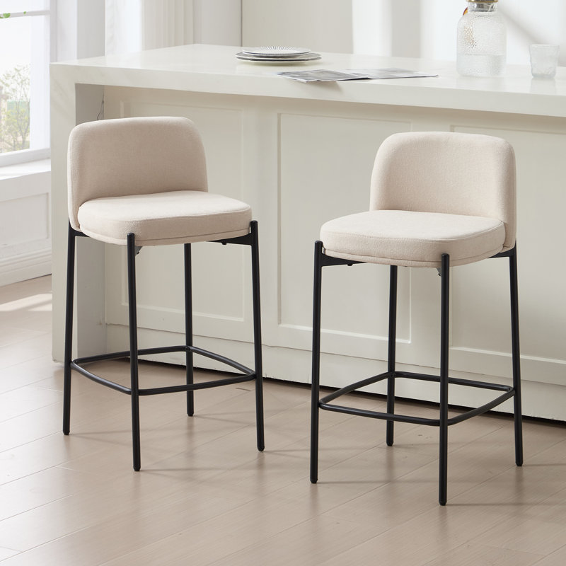 33.5'' H Counter Stool with Curved Back and Metal Frame (Set of 2), Light Beige