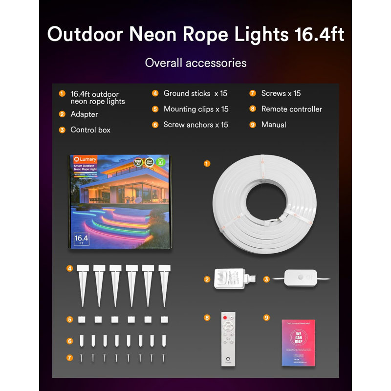 Lumary 16.4Ft Smart Neon Rope Light for Outside, RGBAICW Flexible Color Changing Rope Light Waterproof IP65 for Pathway, DIY Scene Mode, RGB&Warm White&Cool White Work with Alexa Google Assistant