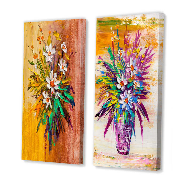 «Modern Bouquet of Daisy Flowers II», ensemble de 2 peintures sur toiles, Toile tendue, H 20 po x l 24 po x P 1 po