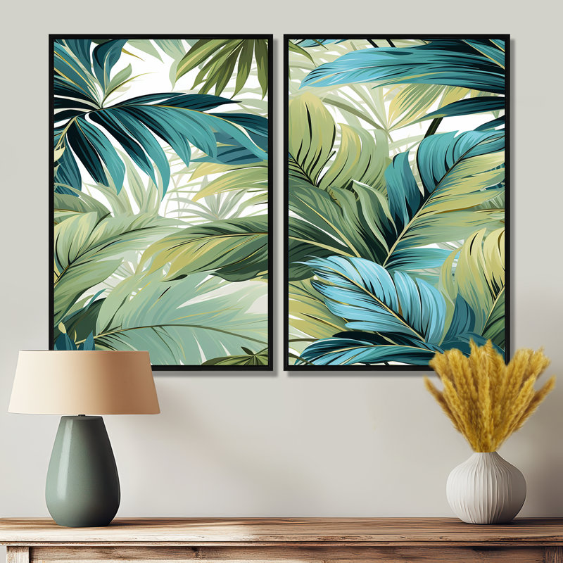 Palmier, motif tropical - art mural vert, Noir, H 36 po x l 48 po, Reproduction encadrée sans passe-partout