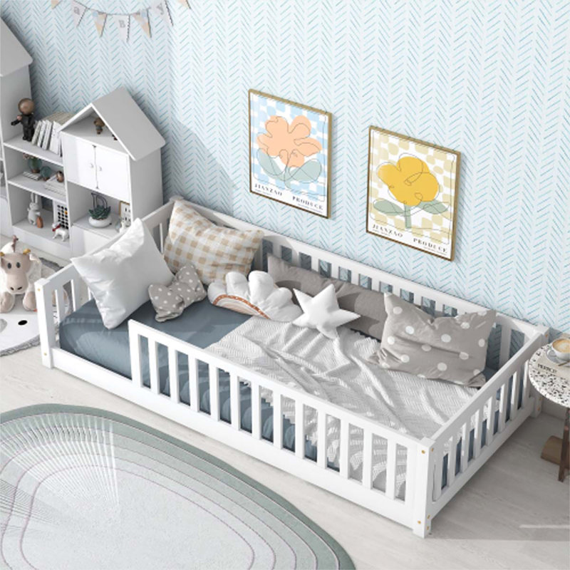 Twin Floor Platform Bed with Fence without Door, White