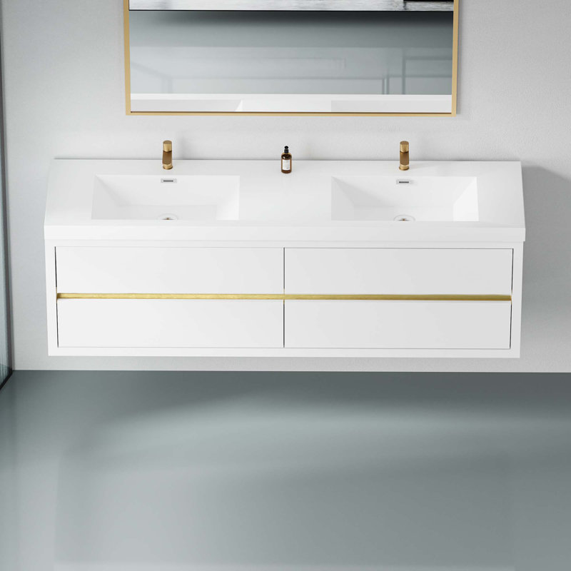 Meuble-lavabo mural avec lavabo, armoire de rangement flottante avec comptoir en résine de pierre et tiroirs à fermeture en douceur