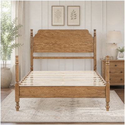 Cadre de lit double pleine grandeur, cadre de lit en bois avec tête de lit, lit à poteau en bois traditionnel, lit plateforme rétro, aucun sommier requis, assemblage facile, noyer foncé