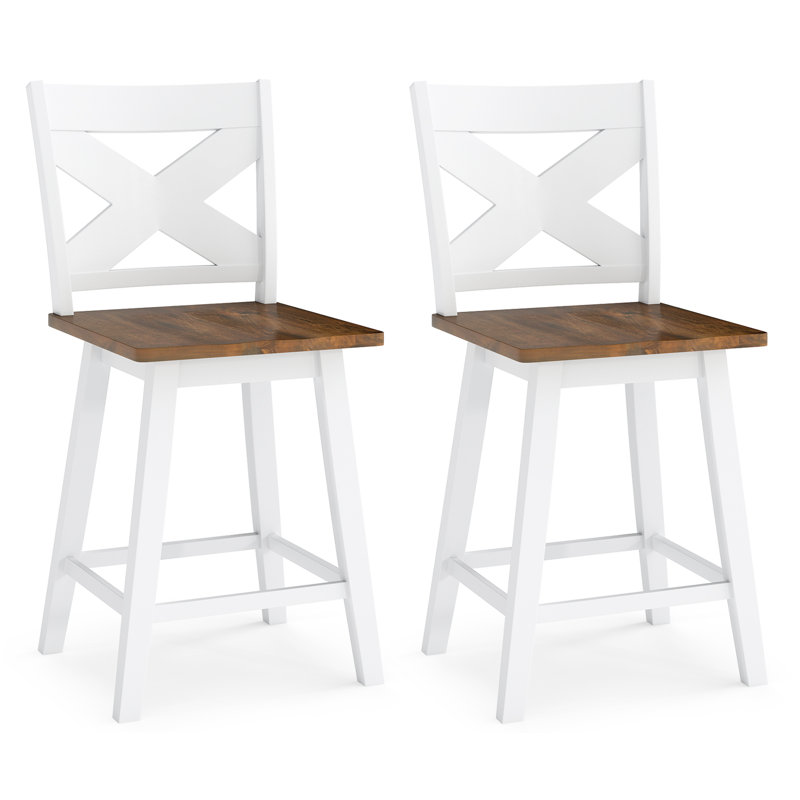  Ensemble de 2 tabourets de bar pivotants de 29 pouces avec dossier, chaises de bar en bois d'hévéa massif, siège et repose-pieds ergonomiques courbés, blanc et noyer