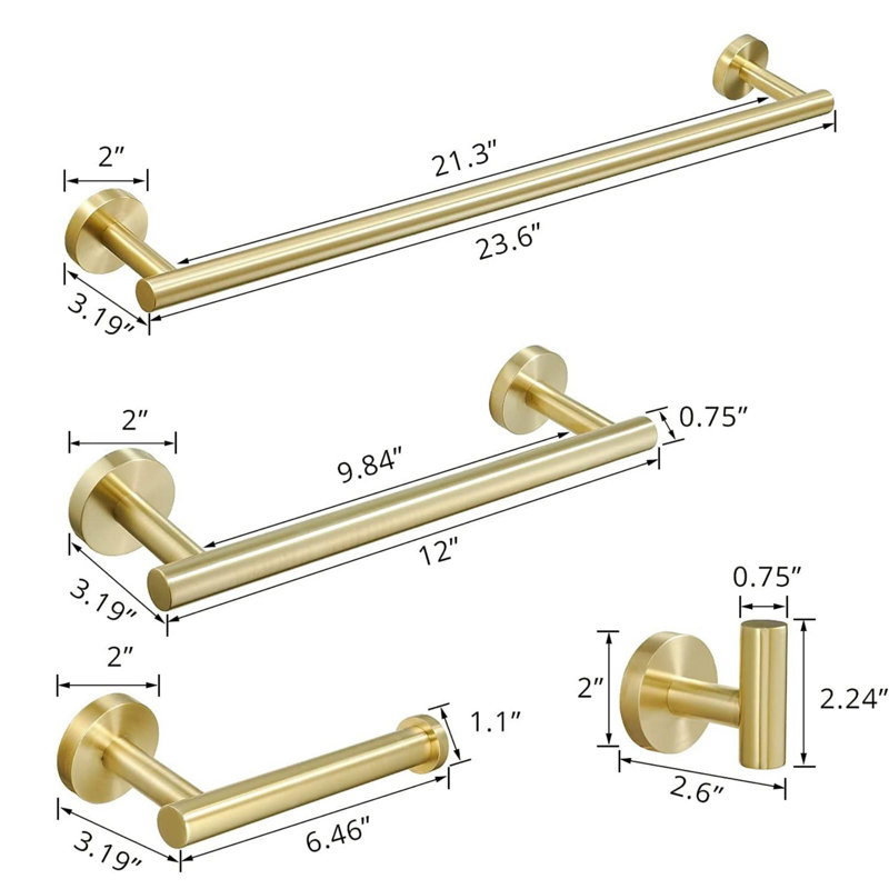 Ensemble de quincaillerie de salle de bain murale en acier inoxydable (4 pièces), Or brossé