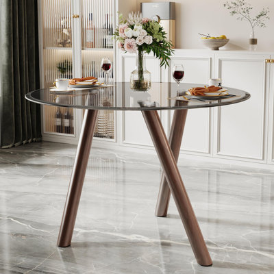 35" Round Glass Top Dining Table for 4 with Metal Base, for Kitchen and Small Spaces