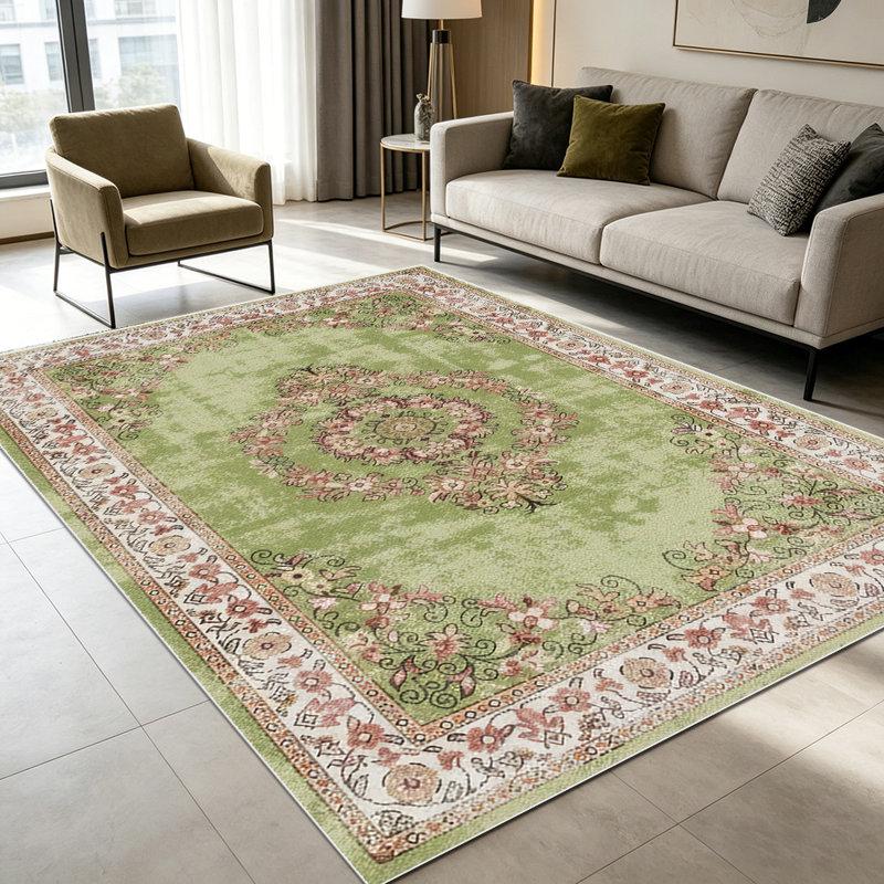 1PC Vintage Persian Floral Medallion Sage Green area rugs for Living Room, Soft, All seasons, Easy-maintain, Washable Indoor mat, Farmhouse suitable for for dining table, bedroom, entryway...