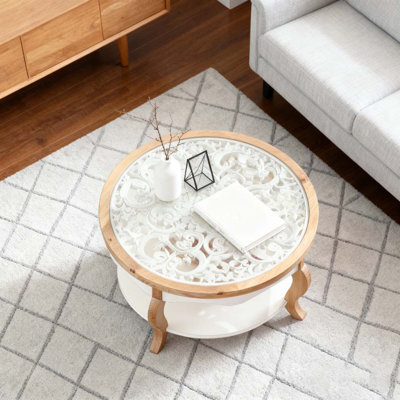 Table basse 31,50 "avec rangement ouvert, bois massif et panneau de fibres à densité moyenne + plateau en verre trempé