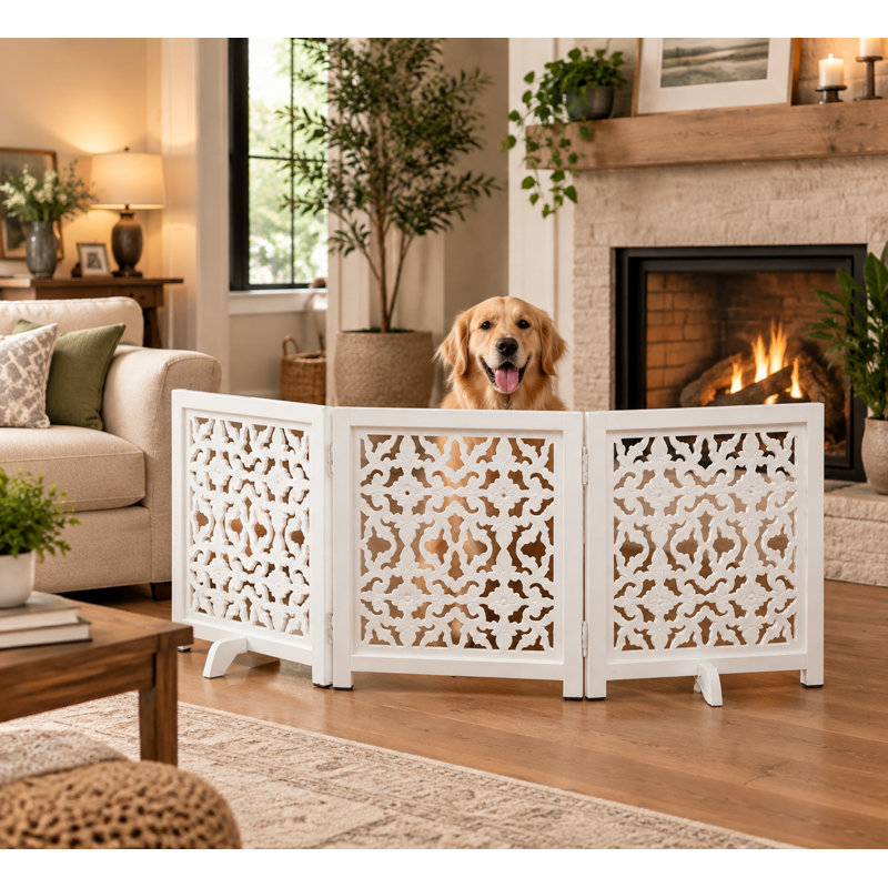 Barrière pliante pour chien en bois à 3 panneaux avec motif floral, White