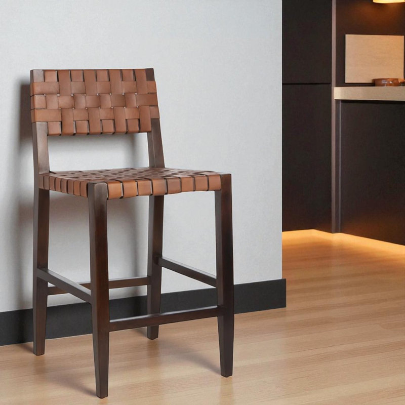 Tabouret de bar en bois massif et cuir tressé, Tabouret de comptoir (siège d’une hauteur de 24