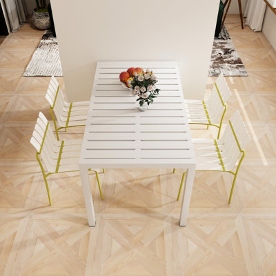 4 Modern Striped Color Block Chairs With White & Yellow Waterproof Pp Seat And Metal Legs, 55 Inch Long Table, Indoor/Outdoor Use, Lightweight Tabletop Metal, All-Weather Durability, Rust Frame,