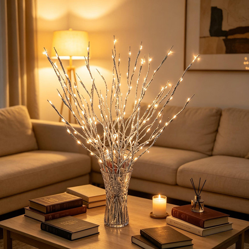 Paquet de 4 branches de rameaux éclairées à DEL, 20 DEL par branche flexible pour remplisseurs de vase, Warm silver branches