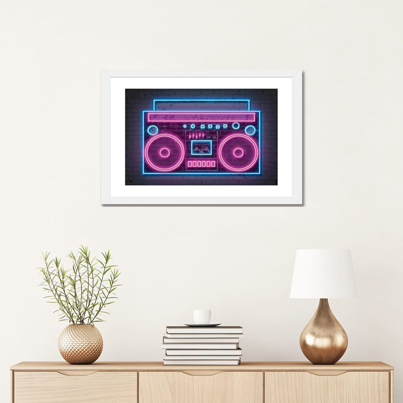 Reproduction d’art graphique « Boombox Neon » par octave Mielu, Papier encadré blanc, Blanc, H 16 po x l 24 po x P 1 po